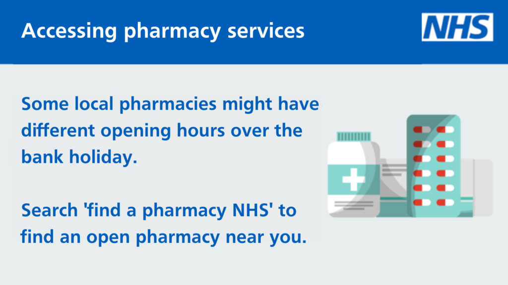 Some pharmacies might have different opening times during the bank holiday. 