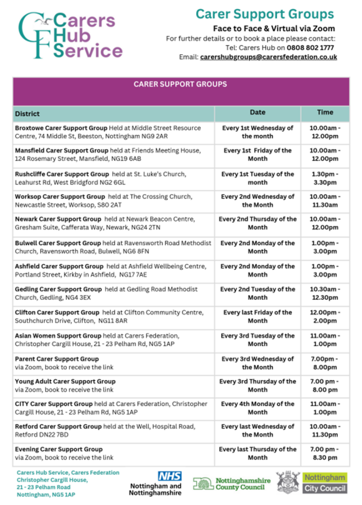 Carers support groups Face to face or virtual via zoom.
For further details or to book a place please contact: 
Tel: Carers Hub on 08088021777
Email: carershubgroups@carersfederation.co.uk