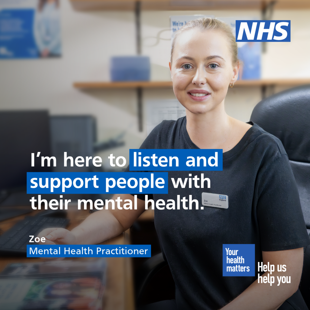 Zoe, a mental health practioner, is sat at a desk. The body text reads: 'I'm here to listen and support people with their mental health' 

The NHS logo features in the top right corner.