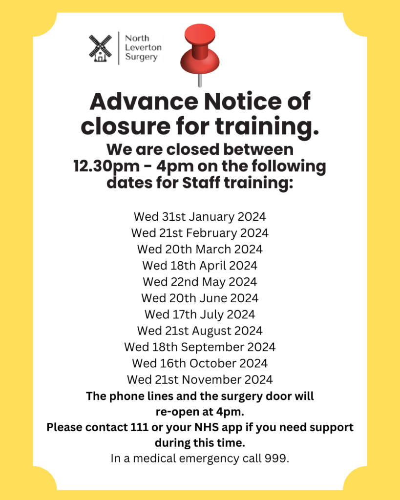 Advance notice of closures for staff training 2024. North Leverton