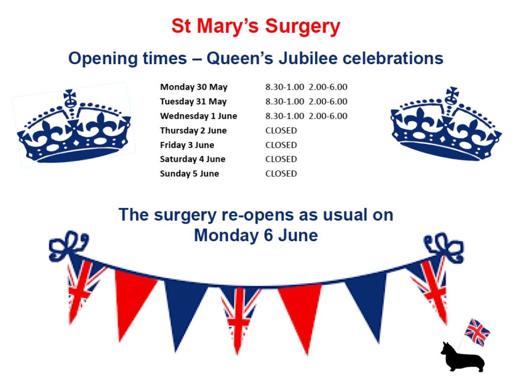 Jubilee bank holiday opening hours St Mary's Surgery