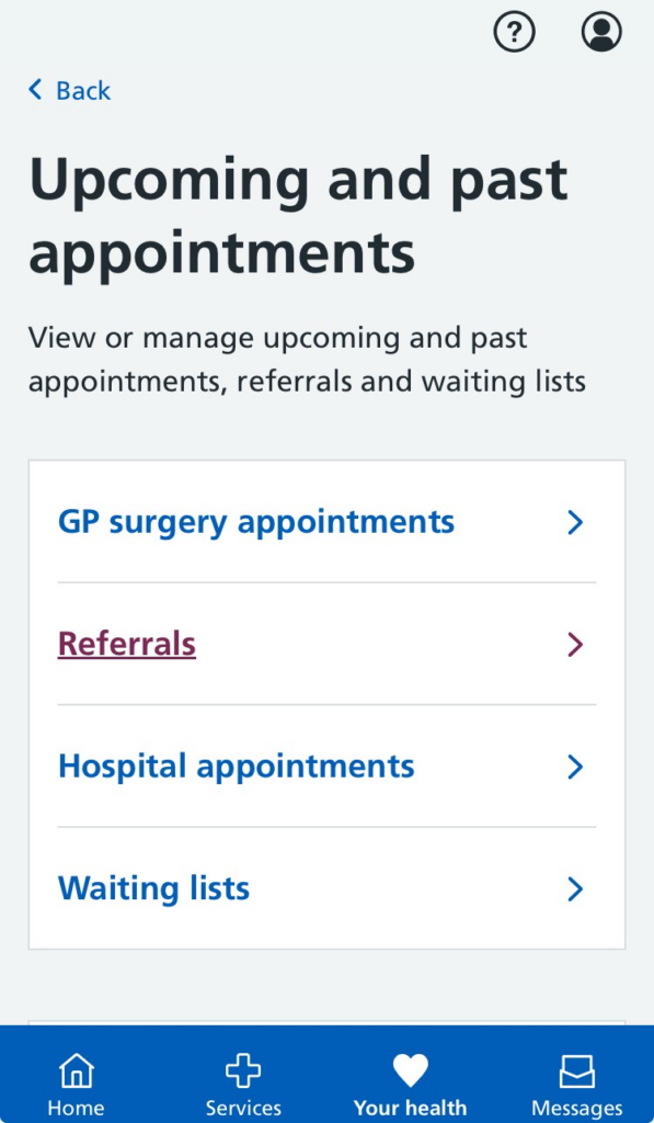 This is a screen shot of the native NHS App and where to find upcoming and past appointments