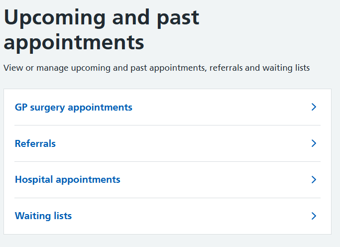 This is a screen shot of the NHS App on a web browser and where to find upcoming and past appointments