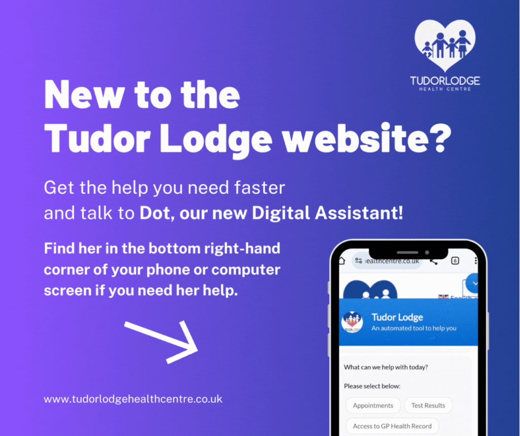 Text reads 'New to the Tudor Lodge website' together with a mobile phone screen and a screenshot of Dot, the new chatbot digital assistant available in the bottom right-hand corner of your screen.