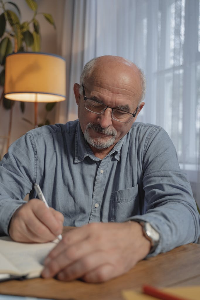 Man Wearing Eyeglasses Writing on a Notebook