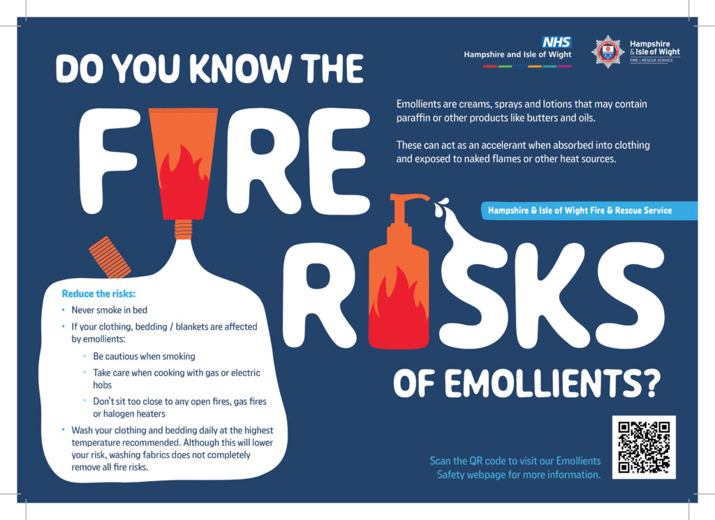 Poster with images of creams, sprays and lotions squeezing liquid out to spell "Fire Risks".