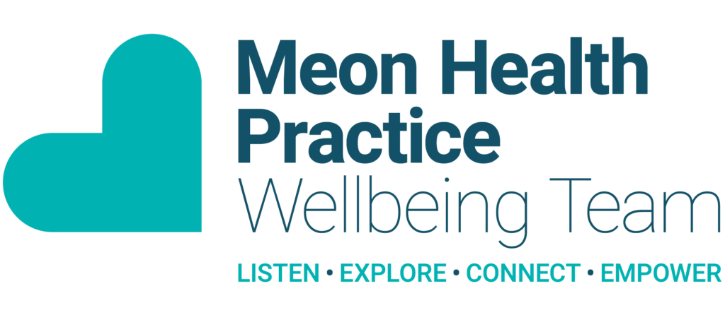 Meon Health Practice Wellbeing Team logo with words: listen, explore, connect and empower.