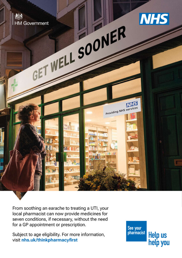 Picture of a woman standing outside a pharmacy with signage above the door with the words "Get Well Sooner".