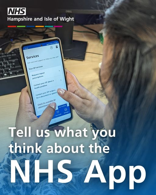 A woman holds a smartphone and is browsing the Services section of the NHS App.  The wording on the poster reads "Tell us what you think about the NHS App".