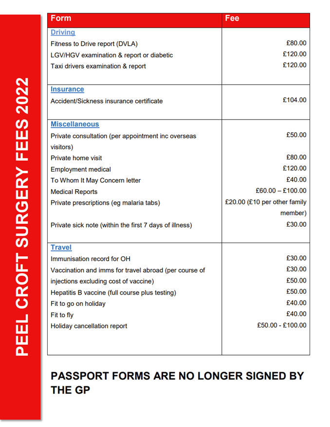 Non NHS Services Peel Croft Surgery