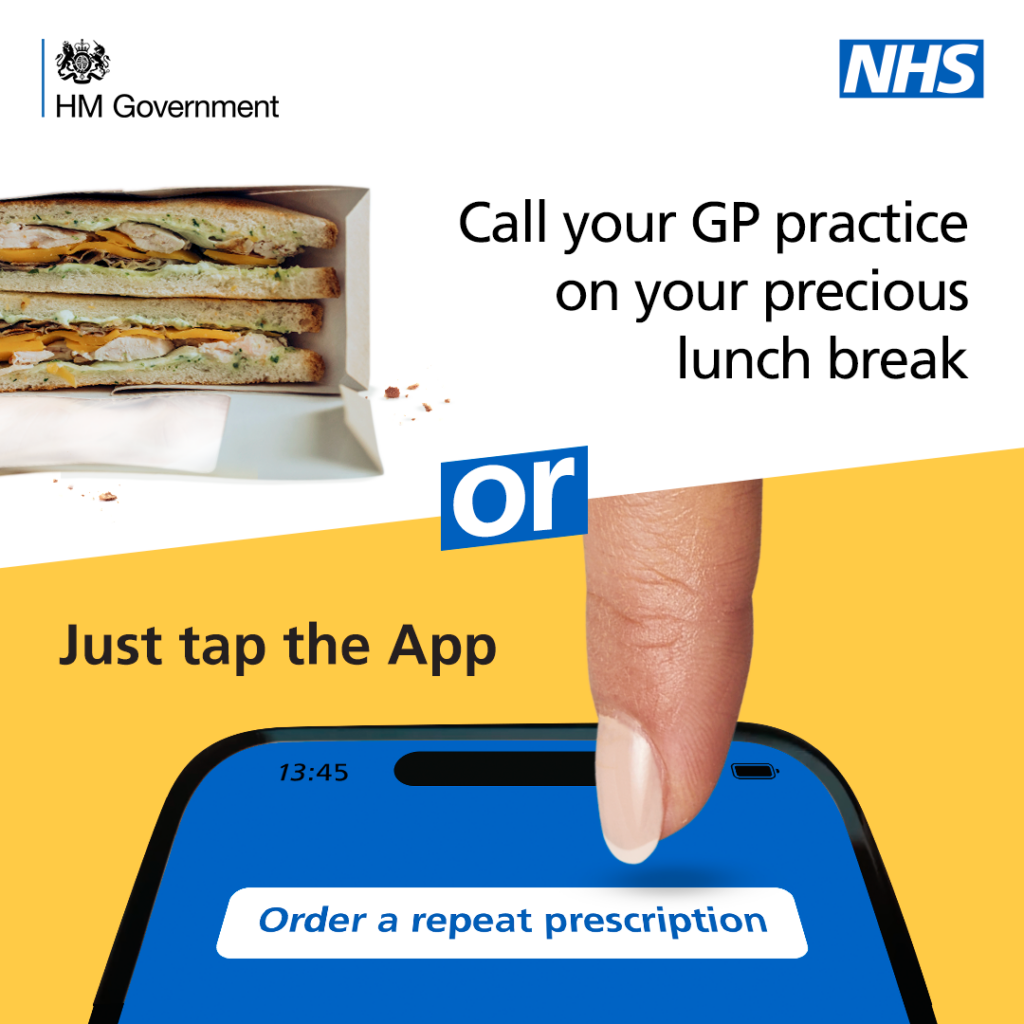 A sandwich in the top left corner with a mobile phone in bottom of the image which says “order a repeat prescription” on screen. Text reads; call your GP practice on your precious lunch break or just tap the App. 