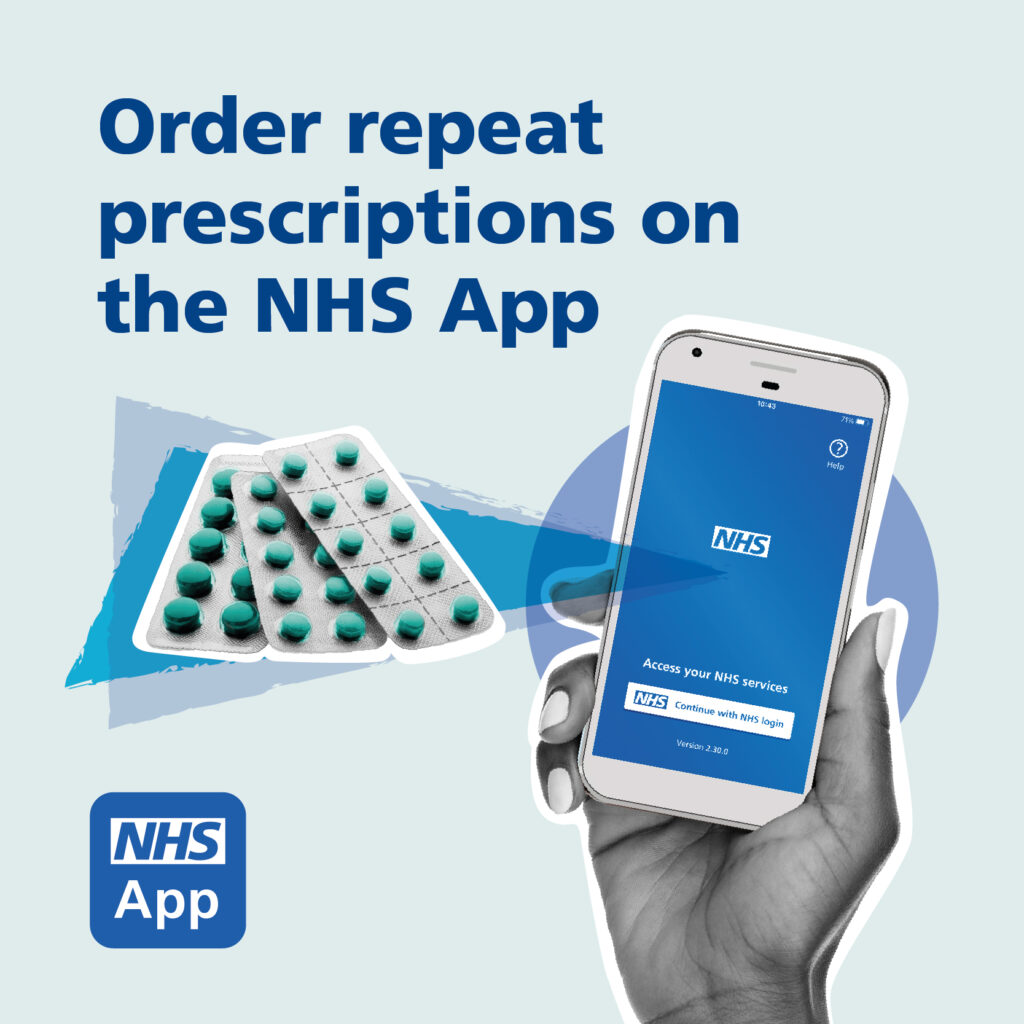 NHS App Repeat Prescriptions web banner. Order repeat prescriptions on the NHS App