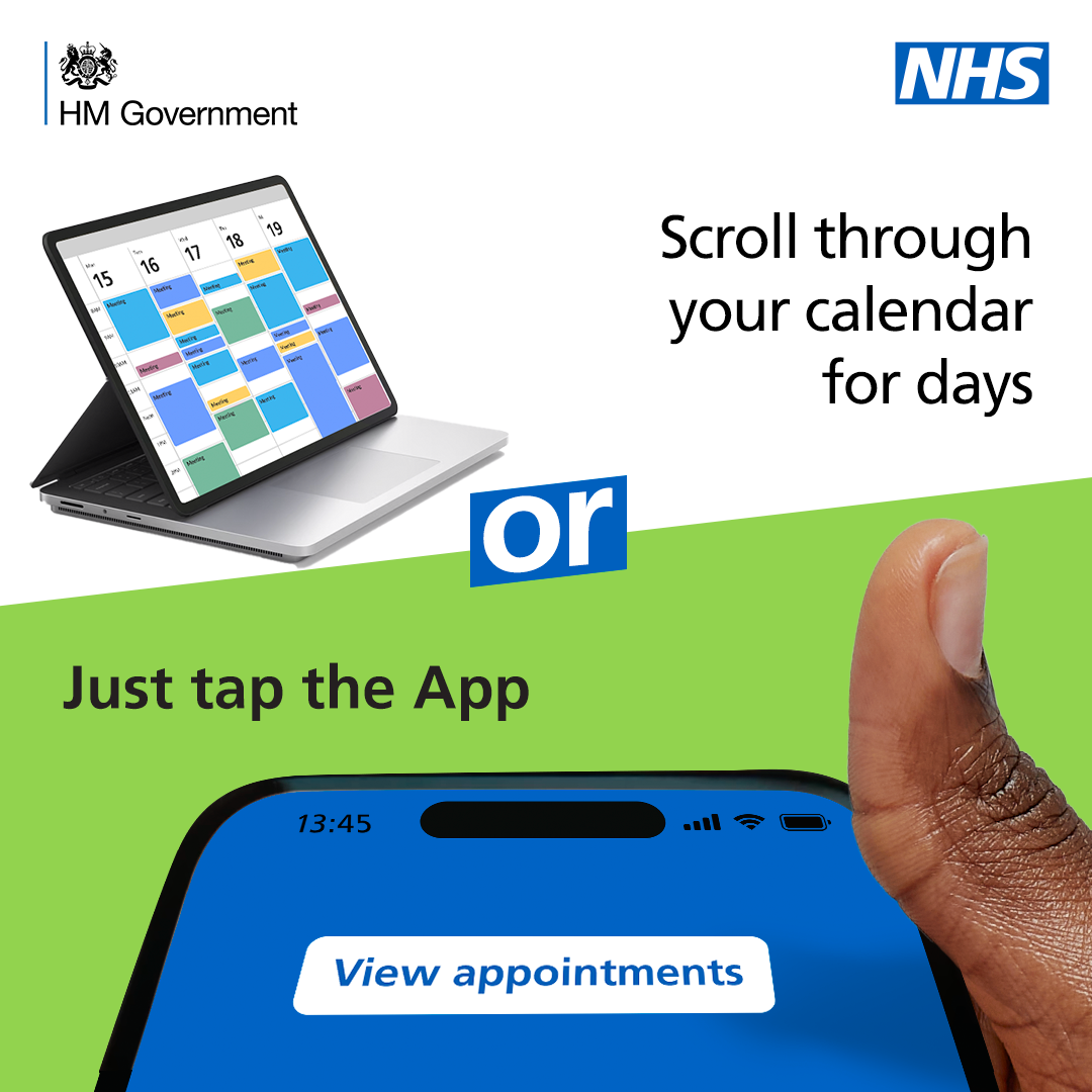 A tablet computer features, showing a calendar on screen. A mobile phone covers the bottom half of the image with “View appointments” on its screen. Text reads; scroll through your calendar for days or just tap the App.
