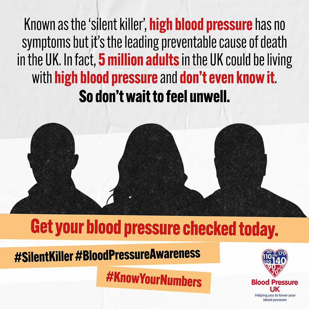 A wanted style poster, 3 silhouettes of people and text referring to high blood pressure as the silent killer. Know your numbers week is a campaign to encourage people to have a blood pressure check  