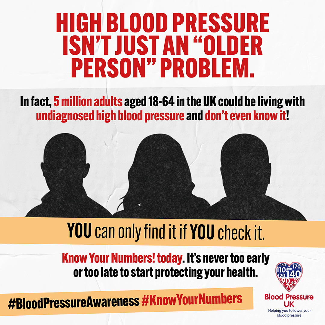 A poster for know your numbers week. High blood pressure isn't just an older person problem. 5 million adults between 18 and 64 have undiagnosed high blood pressure. Get yours checked during this know your number weeks campaign. 