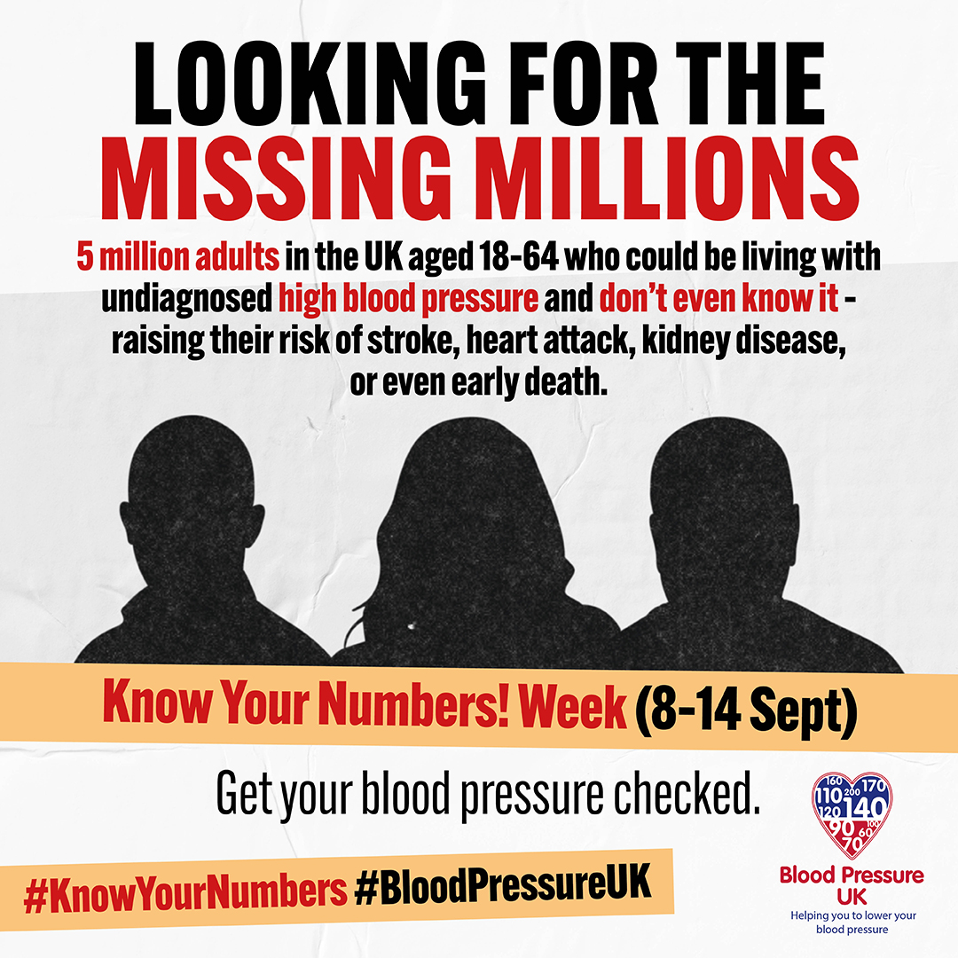 a wanted poster, with the slogan looking for the missing millions. 5 million adults in the UK have high blood pressure and do not know about it. Know your numbers week is a campaign to encourage people to have a blood pressure check