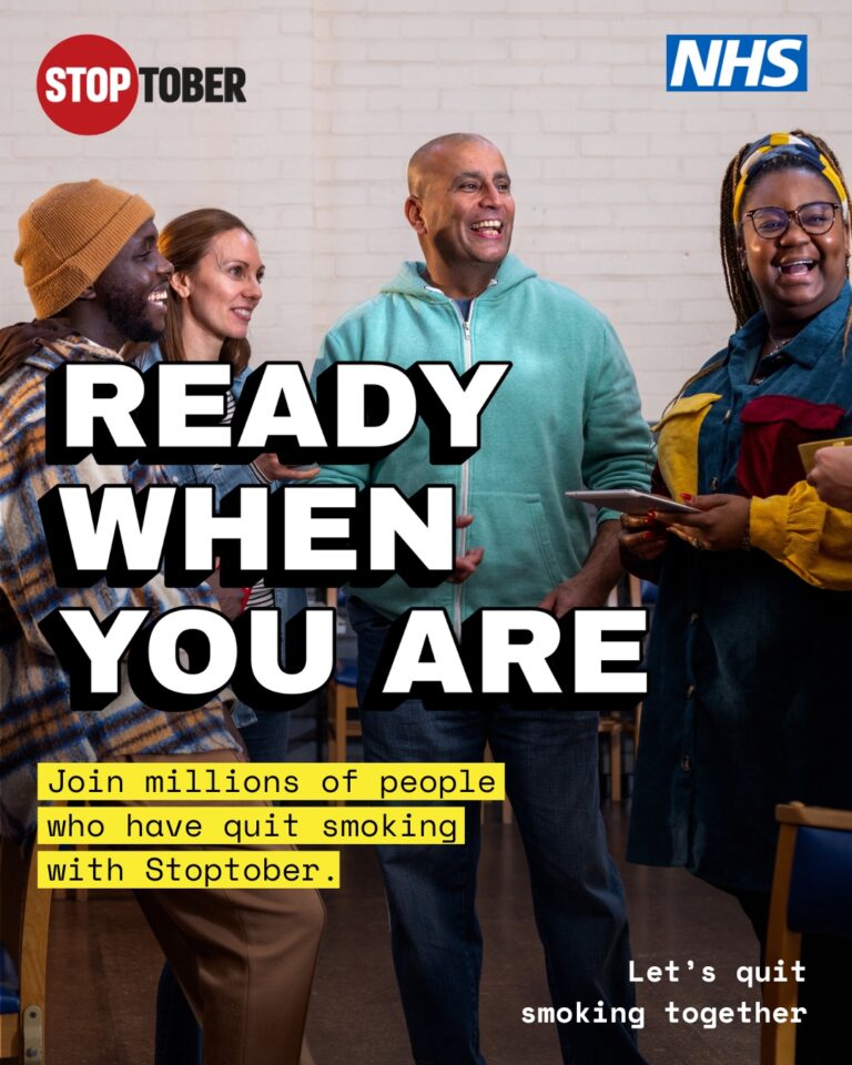 Group of people smiling. text states ready when you are. join millions of people who have quit smoking with Stoptober