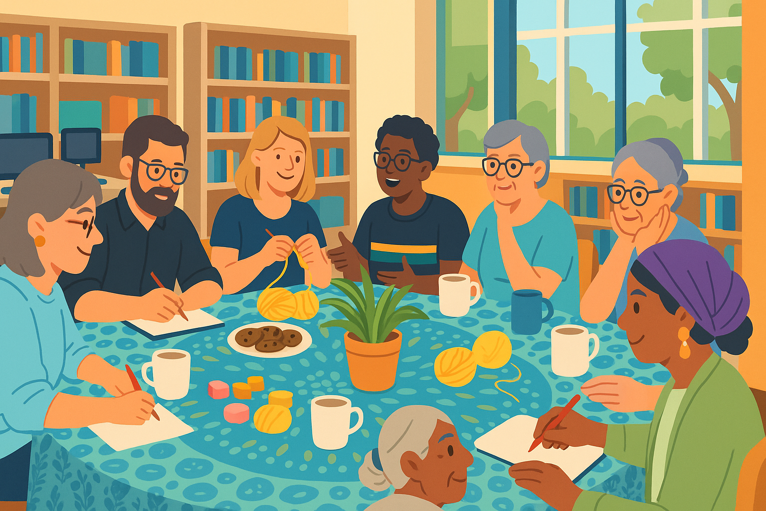 An illustration of a group of people doing craft activities