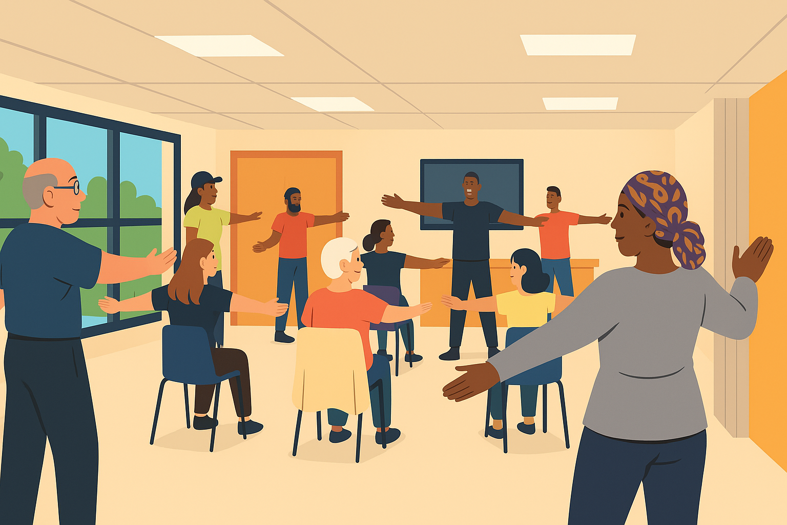 An illustration of a group of people exercising while seated