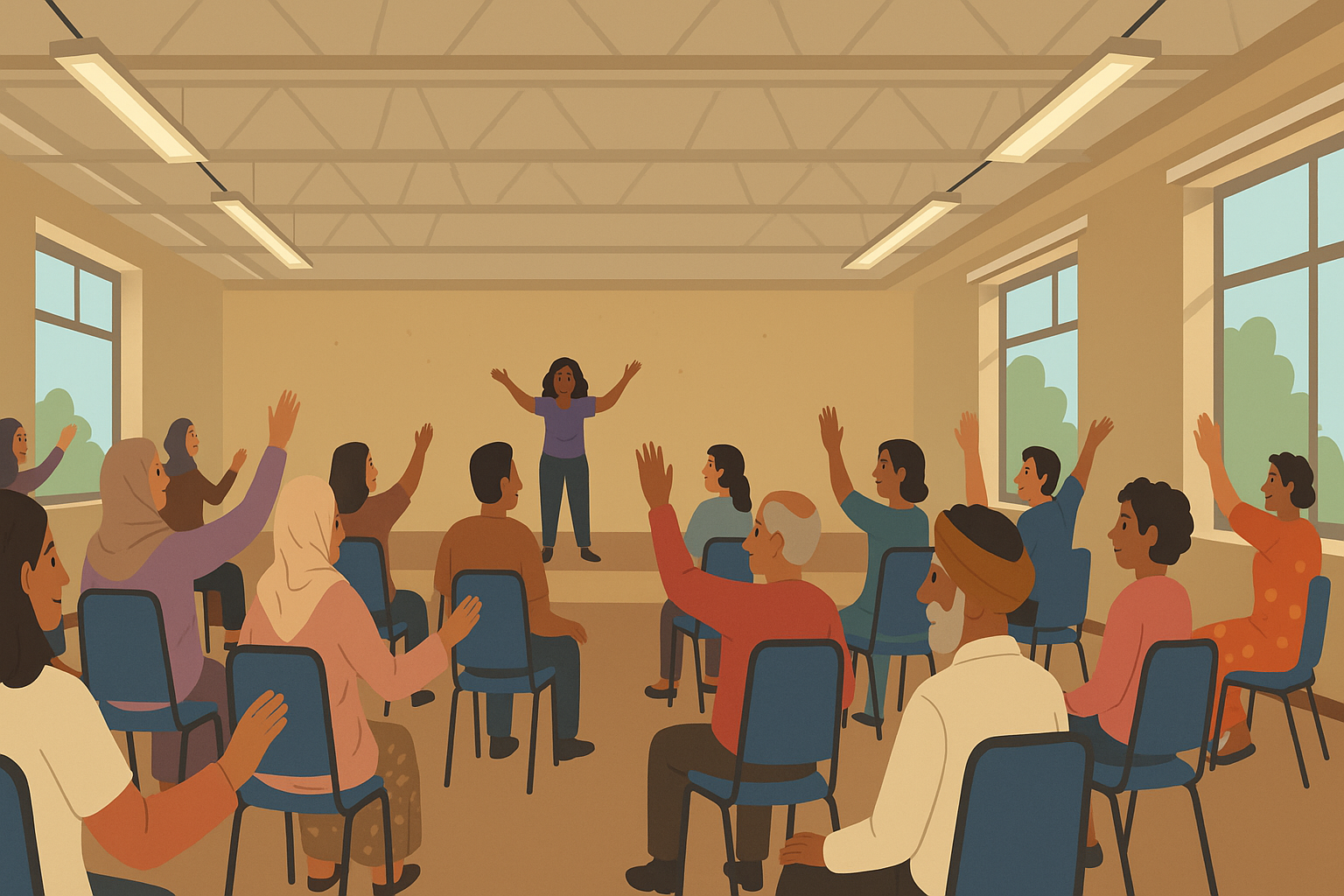 An illustration of people doing seated exercises in a community hall
