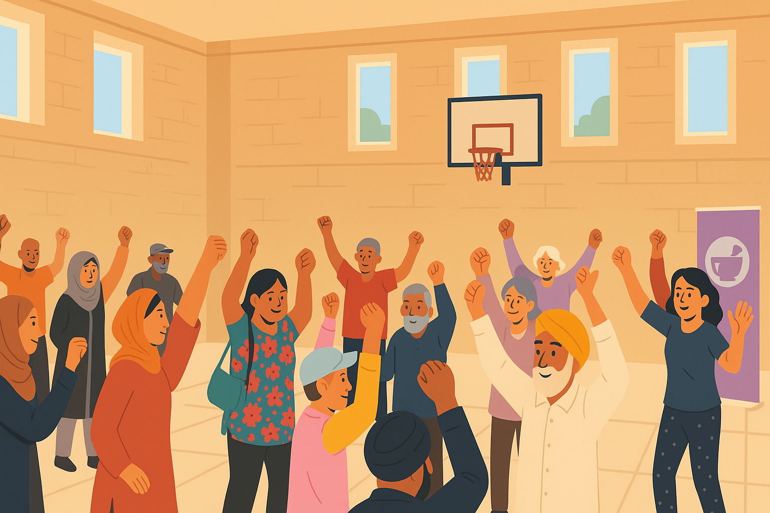 An illustration of a group of diverse people exercising in a sports hall