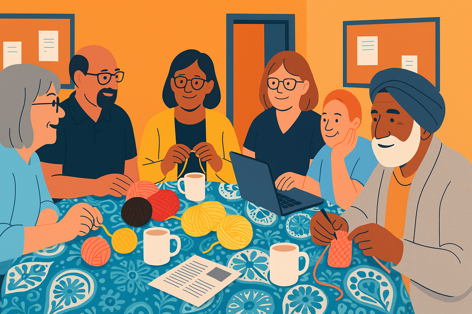 An illustration of a diverse group of people doing crafts with yarn or wool