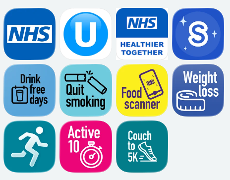 Icons of smartphone applications to help with maintaining health and developing healthy behaviours.