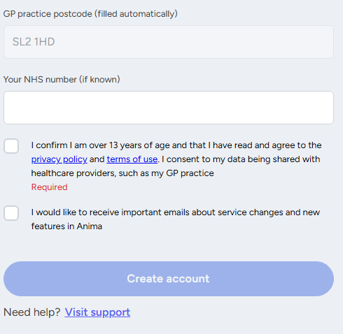 Anima registration form lower part