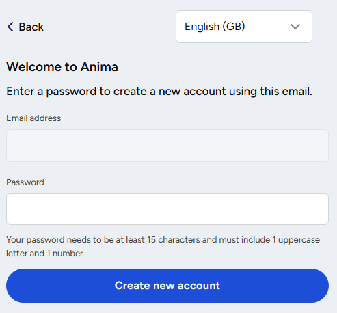 Anima account creation page with username (email address) and password