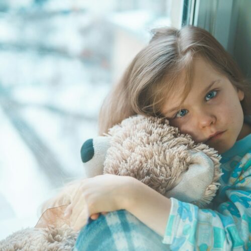 girl in blue white and red plaid shirt hugging brown teddy bear