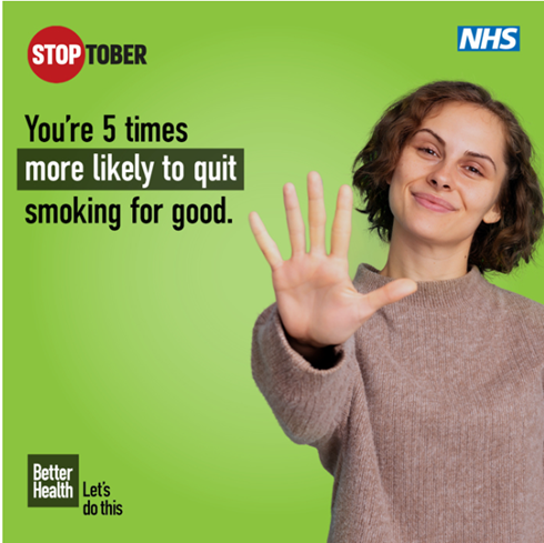 A person with curly hair extends their hand, promoting Stoptober with the message about quitting smoking successfully.