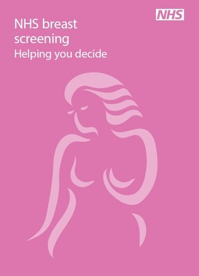 White text on a pink background reads NHS Breast screening helping you decide. Below is an abstract illustration of a woman