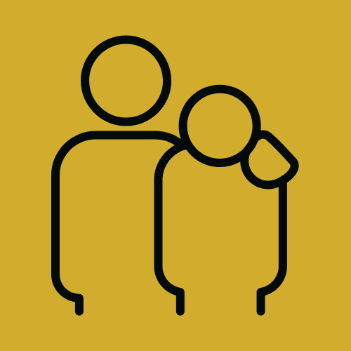 Two abstract figures stand side by side, representing companionship or partnership, against a vibrant yellow background.