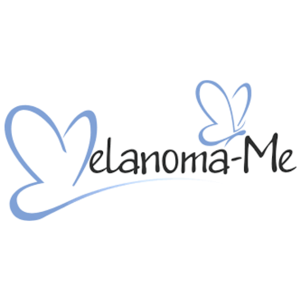 Logo for "Melanoma-Me" featuring stylized butterflies in blue and black, symbolizing awareness and support for melanoma skin cancer.