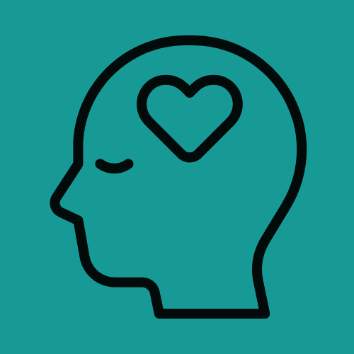 An outline of a human head with a heart symbol inside, representing mental health and emotional well-being against a teal background.