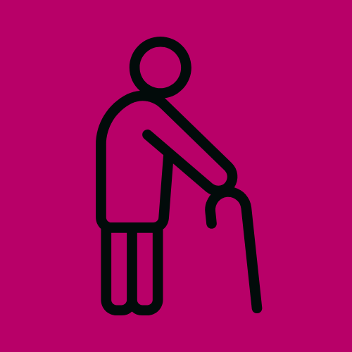 An elderly person with a cane, standing next to a stylized figure representing assistance or companionship, on a vibrant pink background.