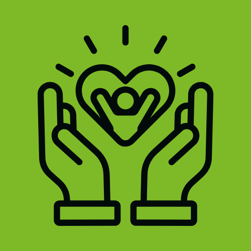Two hands cradle a heart, symbolizing care and support for a small, joyful figure inside, set against a vibrant green background.