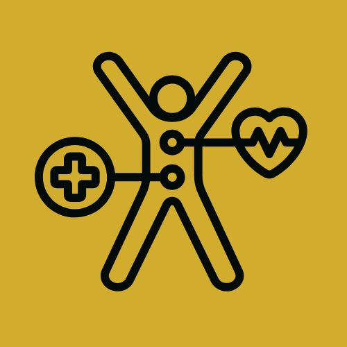 An icon of a person with arms raised, connected to a medical cross and a heart with an EKG line, symbolizing health and wellness.