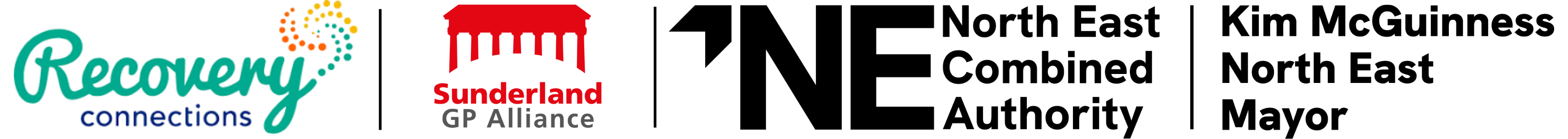 Logos of Recovery Connections and Sunderland GP Alliance alongside the North East Combined Authority and Mayor Kim McGuinness.