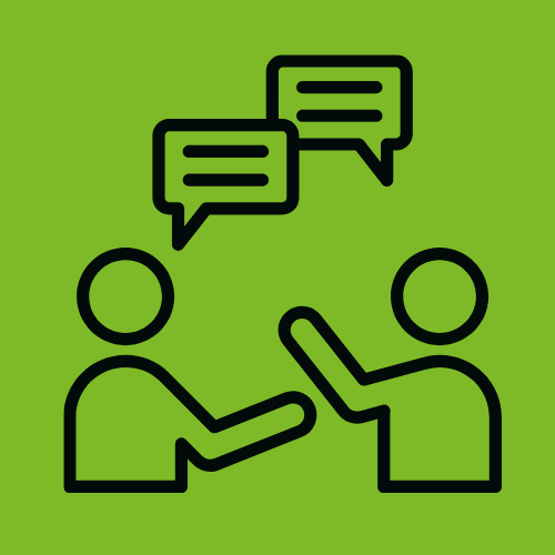 Two people engaged in a conversation, with speech bubbles above their heads, set against a vibrant green background.