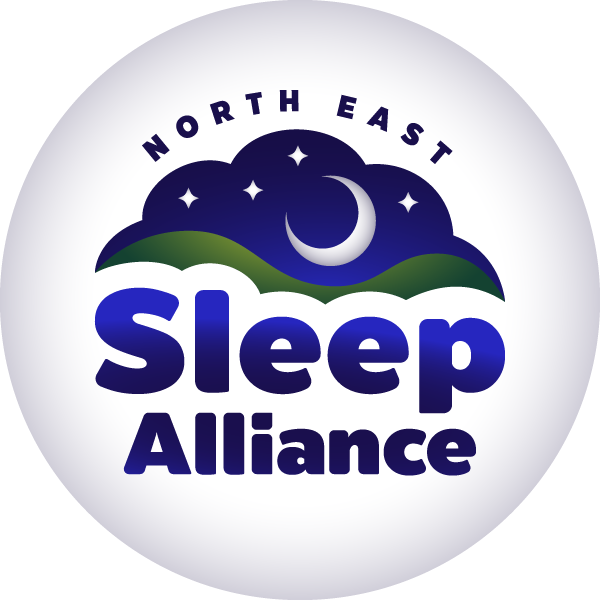 Logo of the North East Sleep Alliance, featuring stylized clouds, a crescent moon, and stars, with bold text design.