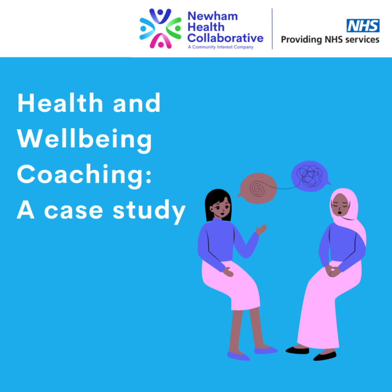 A graphic which says ''Health and Wellbeing Coaching: A case study''. It also features an illustration of two women talking. One has dark hair and the other is a Muslim woman wearing a hijab.