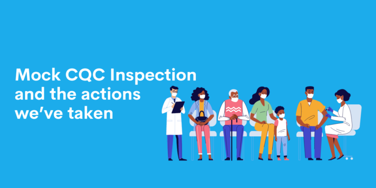 Mock CQC article image - the image shows text that sats ' Mock CQC inspection and the actions we've taken'. There is a graphic of some people sitting waiting to see a doctor. There is also an inspector with a clipboard observing them.
