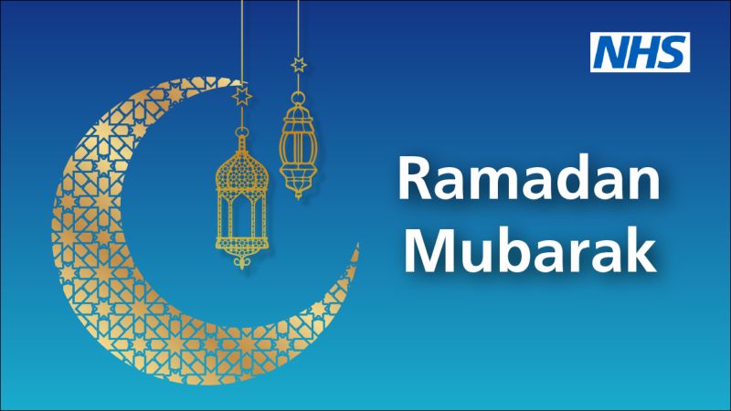 Illustrated moon and lanterns. Text reads "Ramadan Mubarak". NHS logo is visible.